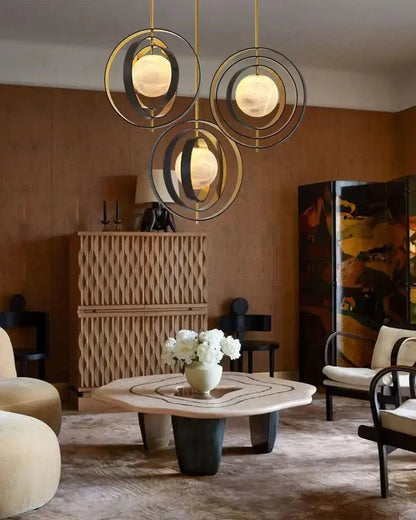 White Alabaster Round Ceiling Pendant Lamp - Gold & Bronze Rotatable Ring