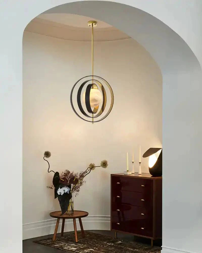 White Alabaster Round Ceiling Pendant Lamp - Gold & Bronze Rotatable Ring