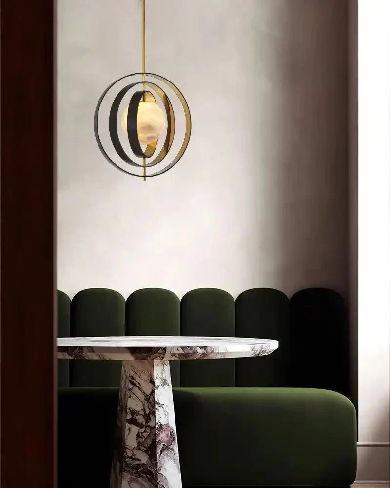 White Alabaster Round Ceiling Pendant Lamp - Gold & Bronze Rotatable Ring