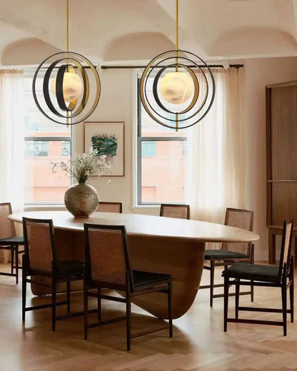 White Alabaster Round Ceiling Pendant Lamp - Gold & Bronze Rotatable Ring