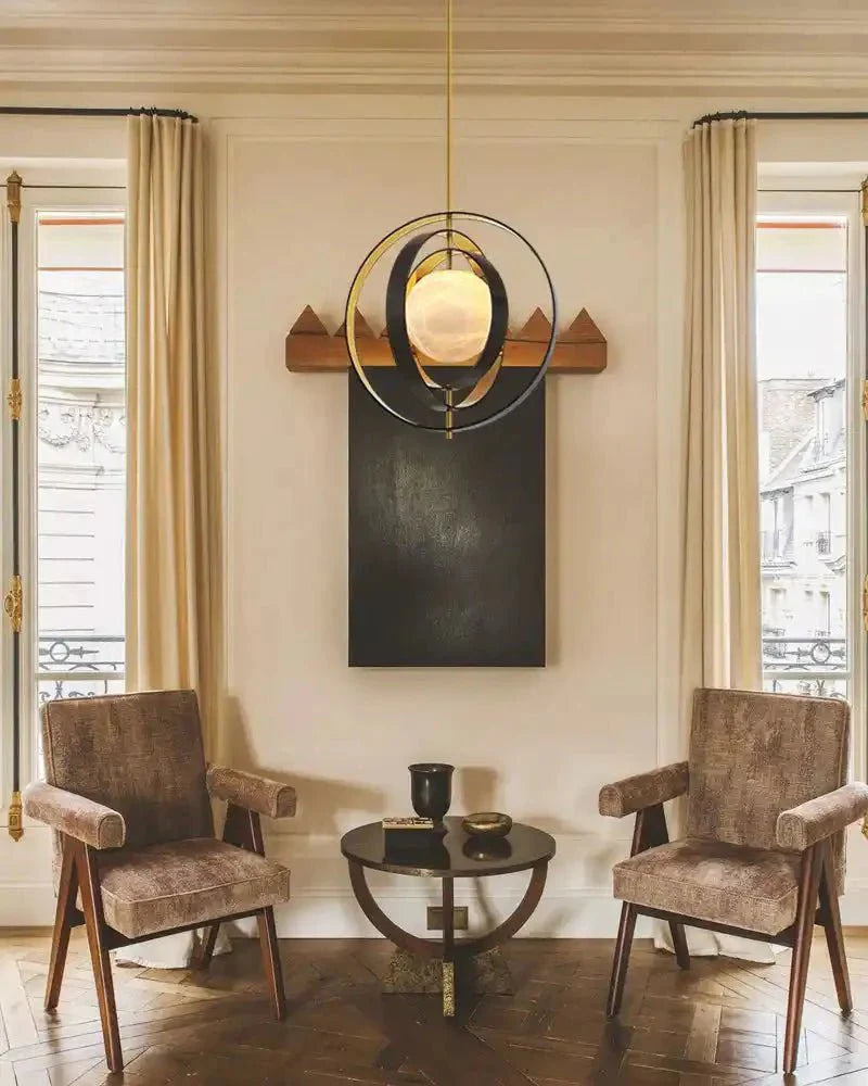 White Alabaster Round Ceiling Pendant Lamp - Gold & Bronze Rotatable Ring