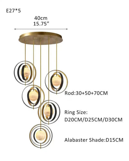 White Alabaster Round Ceiling Pendant Lamp - Gold & Bronze Rotatable Ring